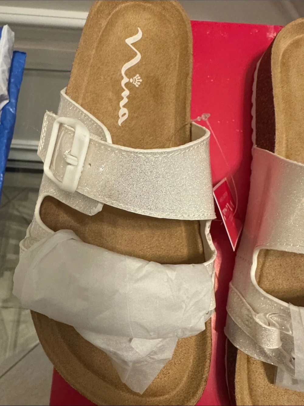 Nina Talafega Sparkle White Double Buckle Slide Sandals white size 3